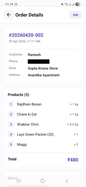 Order details with items, quantities and total