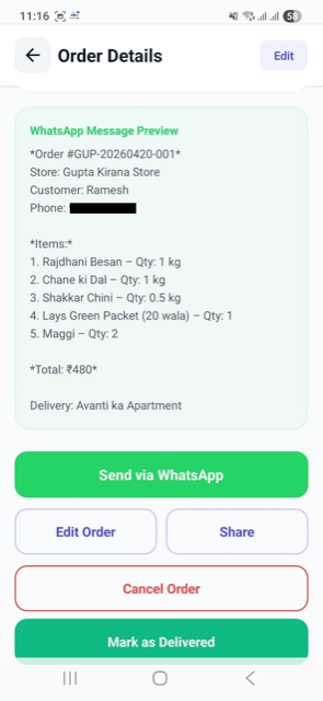 WhatsApp message preview ready to share the order