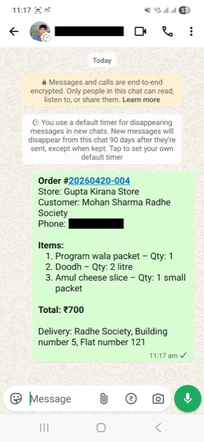 Order delivered to the customer on WhatsApp